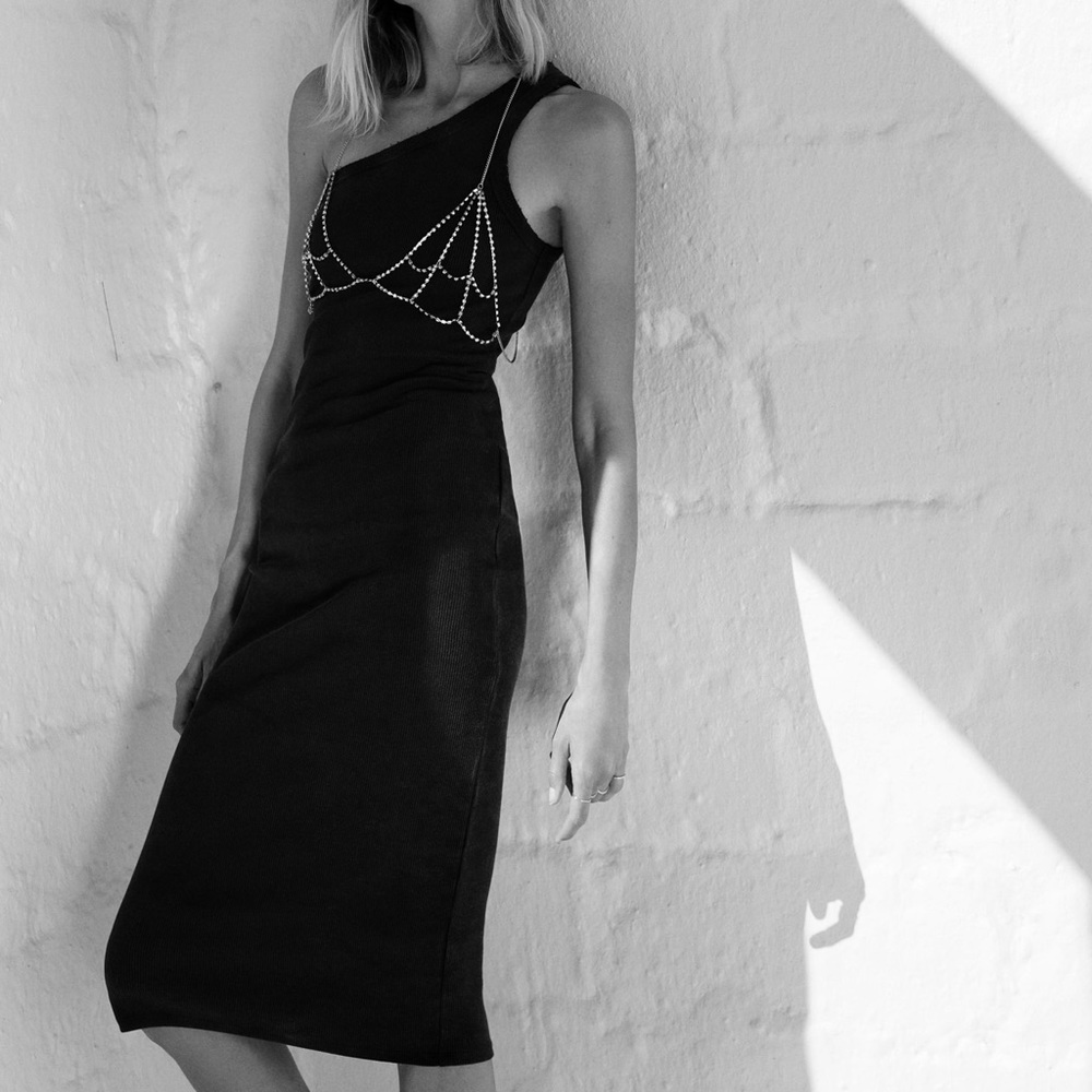 NWT Zara grey ribbed asymmetrical one shoulder body con midi dress